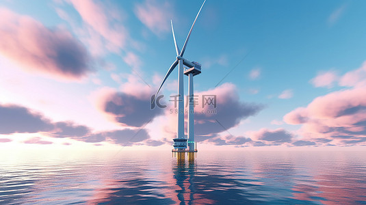 生态友好型海上风力涡轮机发电场利用海面3D渲染上的清洁能源