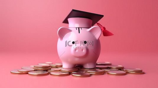 毕业背景卡通背景图片_粉红色背景，带有存钱罐硬币和毕业帽，象征着 3D 呈现的教育和奖学金机会的财务储蓄