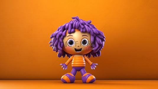 紫色游乐场为橙色布娃娃玩具的俏皮 3D 渲染奠定了基础