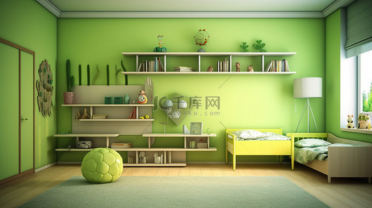 3D 渲染的儿童房间，配有充满活力的绿色墙壁