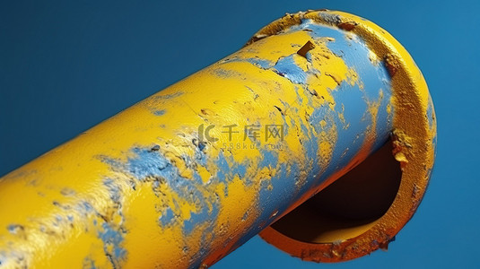 促销引流背景图片_特写蓝色背景下油漆剥落的生锈黄色管道的 3D 插图