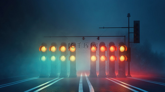 交通安全运输背景图片_夜间浓雾中迷失的交通灯的怪异 3D 呈现