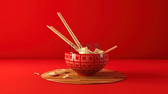 股市交易所背景图片_带有红面条背景的飞行中的筷子的 3D 渲染