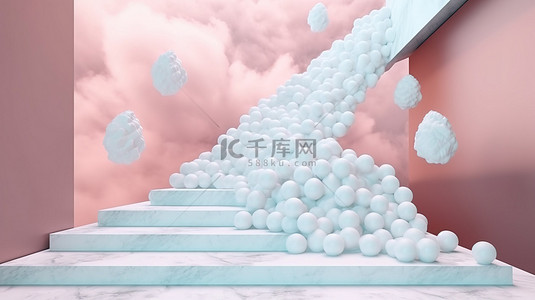 棉花糖背景图片_抽象大理石楼梯的 3D 渲染，上面盘旋着蓬松的棉花糖云