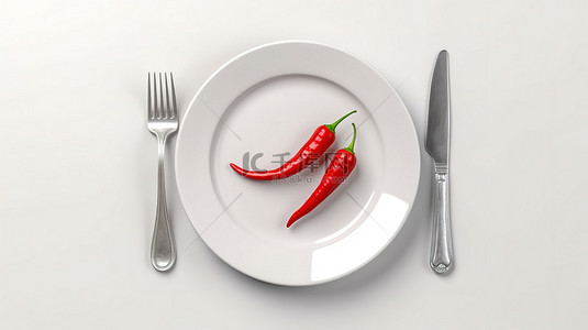 白色背景 3D 渲染上用火红辣椒装饰的盘子，叉子和刀子的顶部视图