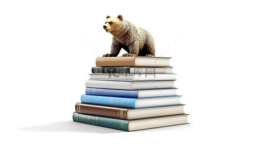 白色背景上孤立的熊陷阱和一堆精装教科书的 3D 插图