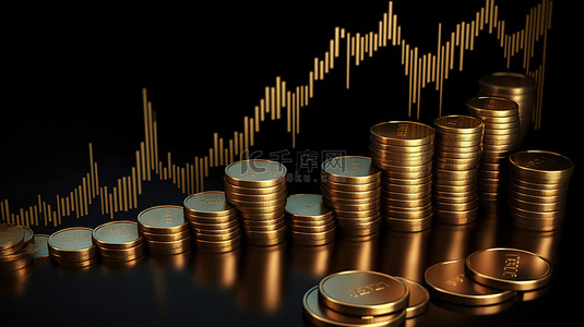带有硬币和投资图标的 3D 上升趋势股市图的插图