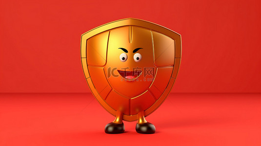 红色徽背景图片_黄色背景上带有红色金属防护罩的吉祥物的 3D 渲染