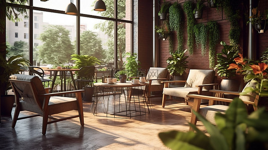 休息区温馨提示背景图片_咖啡店装饰性半户外休息区的 3D 插图