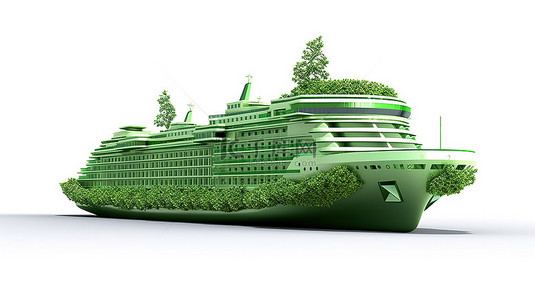 可持续航运的绿色船舶概念 3d 插图白色背景