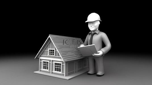 屋顶维修背景图片_拿着笔记本电脑和房子的工程师的 3D 渲染