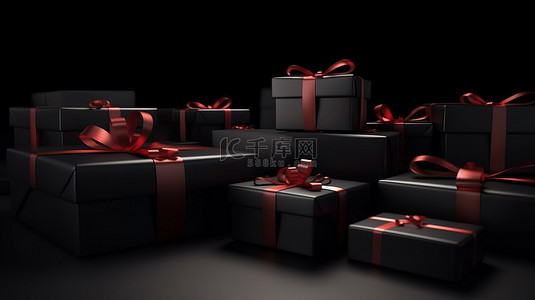 红丝带在 3D 渲染中绑在黑色礼品盒上