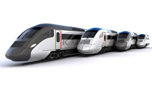 未来地铁列车背景图片_在白色背景下隔离的 3d 渲染中的现代高速列车集合