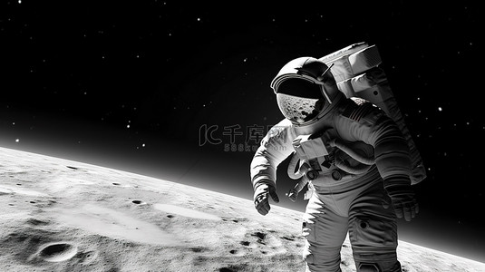 抽象空间壁纸中月球上宇航员的 3D 渲染