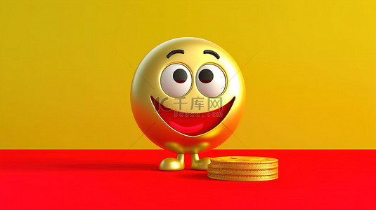 黄色背景上拿着红心的角色吉祥物的 3D 渲染，带有金色忠诚计划奖金硬币