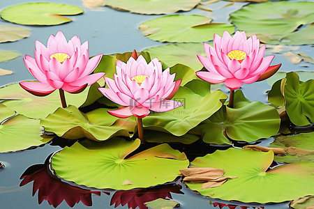 一个池塘，里面有 3 朵粉红色的莲花和叶子