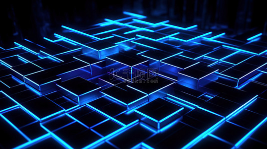 发光的霓虹灯线照亮荧光蓝光中的 3D 渲染抽象几何背景