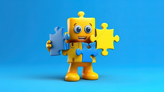 渲染的 3D 吉祥物角色拿着一本蓝色的书，在阳光明媚的黄色背景上将四个充满活力的拼图拼凑在一起