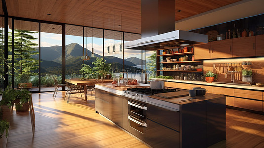 时尚的现代厨房，采用豪华的自然风格家居 3D 渲染