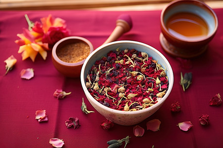 一碗装有干玫瑰花蕾的红茶
