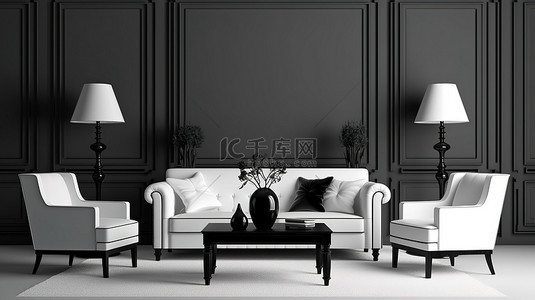 时尚的装饰艺术客厅配有白色家具黑色控制台和 3D 渲染的双落地灯