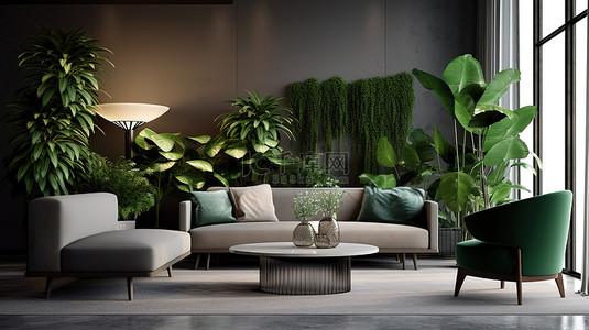 时尚的客厅配有别致的沙发扶手椅咖啡桌和郁郁葱葱的绿色植物 3D 渲染