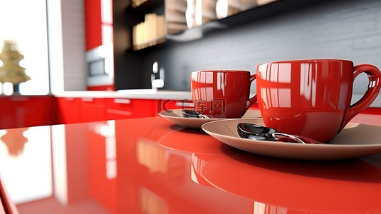 现代厨房内部的 3D 渲染，以红色家具和器皿为特色，特写