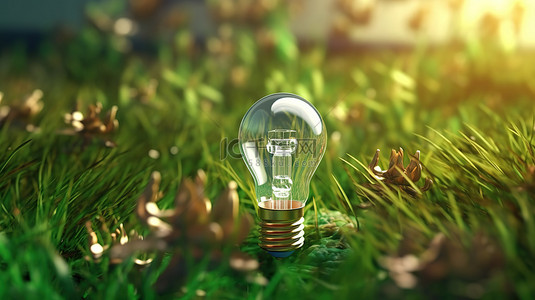 生态友好能源可再生能源的想法与灯泡和电池在绿草 3D 渲染