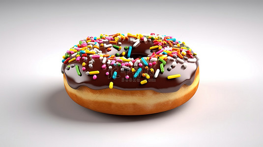 逼真的 3D 渲染插图，带有彩色糖粉的巧克力釉面甜甜圈