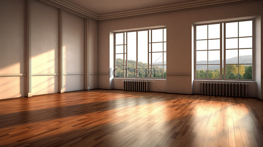 宽敞的房间设有大窗户和豪华镶木地板 3D 可视化