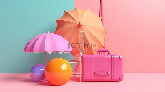 浅粉色底座上展示的彩色沙滩伞沙滩球和手提箱的充满活力的 3D 渲染