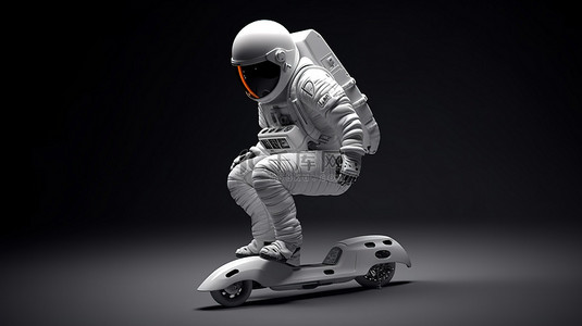 宇航员骑着推滑板车的 3D 插图，具有令人惊叹的艺术设计
