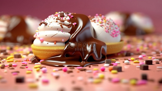 融化的巧克力和香草冰淇淋，在使用 3D 渲染技术创建的脆饼背景上洒上彩色糖霜