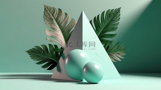 三角形讲台和带有薄荷和热带叶影的球在绿色背景上的 3d 渲染中
