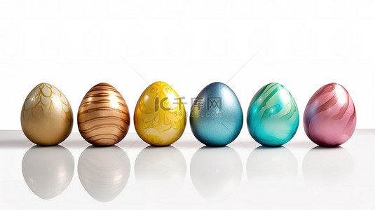 装饰彩蛋背景图片_充满活力的复活节彩蛋，全彩隔离在白色背景上，带有剪切路径 3D 渲染