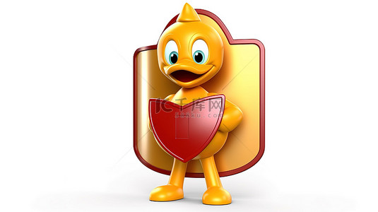 白色背景上戴着红色金属盾的可爱黄色卡通鸭吉祥物的 3D 渲染