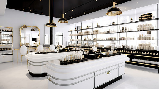 室内设计中白色黑色和金色元素的香水和化妆品店的 3D 渲染