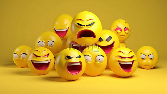 社交媒体表情符号 具有表情面部特征的表情符号图标的 3d 插图