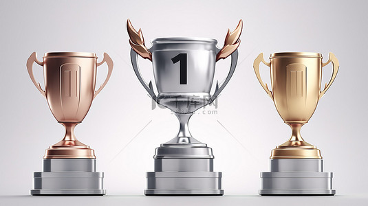 最小设计模板金银和铜牌奖杯设置在白色背景上的 3D 渲染胜利概念