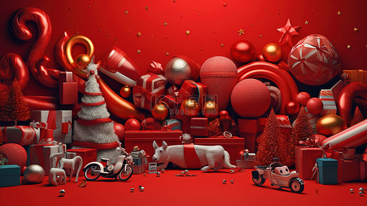 3D 渲染宽横幅，上面有新年玩具和红色背景上的圣诞快乐信息