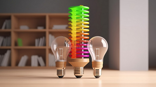 高效 LED 灯泡，在白色背景 3D 渲染的抽象生态友好木屋中显示能源评级图表