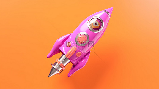 太空创意背景图片_粉色卡通火箭船在橙色背景下飞行的 3D 插图，带有文本空间