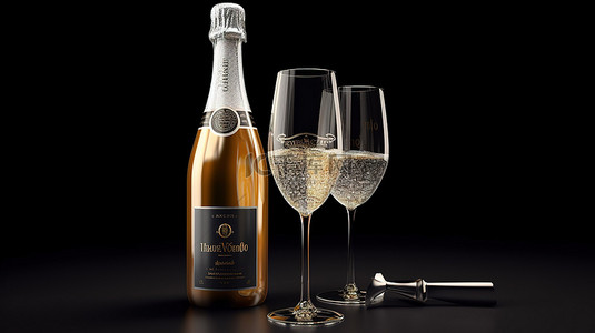 以 3D 渲染并隔离的香槟瓶和玻璃杯的模型