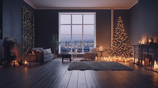 圣诞盒子背景图片_夜间圣诞客厅派对与 3d 渲染的圣诞树