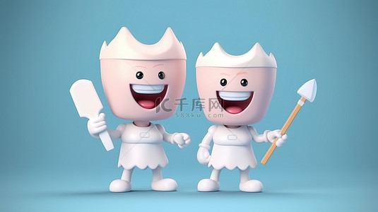 可爱的 3D 卡通描绘，以牙齿角色为特色，牙齿仙女和牙齿防护罩