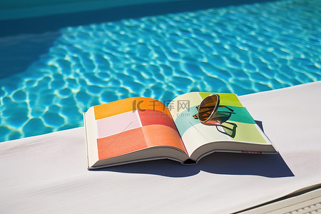 游泳池附近的海滩书和白毛巾上的书