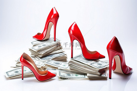 钱袋子箭头背景图片_穿着红色高跟鞋的妇女站在钱袋子上