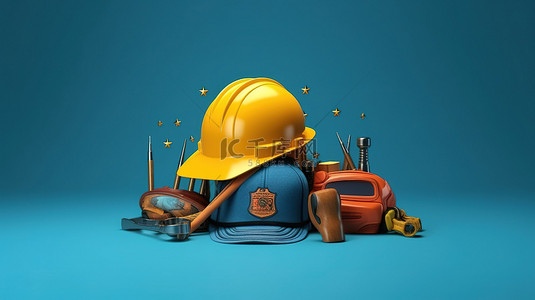 修理设备背景图片_3D 渲染的劳动节美国主题庆祝蓝色背景上的建筑工具和设备