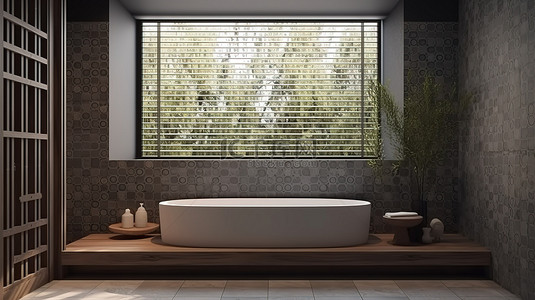 带有木头和瓷砖元素的现代浴室以 3D 形式呈现，带有窗景和窗帘