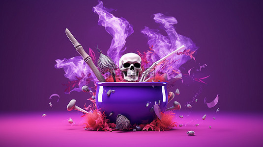 邪恶令人愉快的万圣节场景女巫的大锅骨头头骨鬼魂和扫帚漂浮在充满活力的紫色 3D 背景上